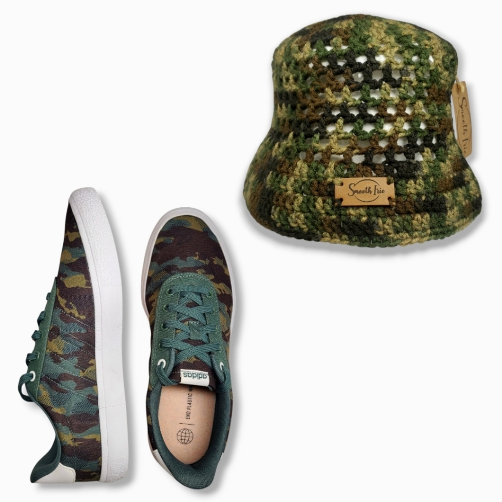 Smooth Irie- Mesh Bucket Hat- Camo & Adidas Vulcraid3r Skateboarding Sneakers